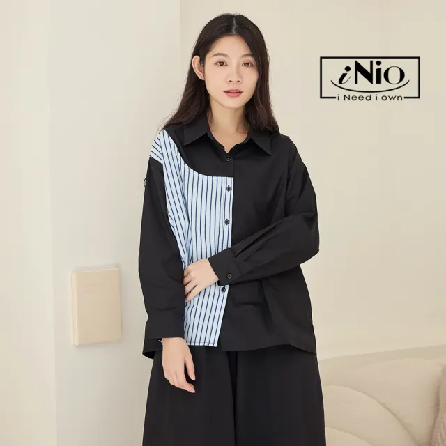 【iNio 衣著美學】長袖上衣 秋冬新品 現貨 條紋拼接 翻領 長袖襯衫(CDW1753)