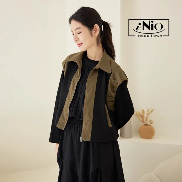 【iNio 衣著美學】背心外套 秋冬新品 現貨 小墊肩 拼接背心 無袖外套(CDW4709)