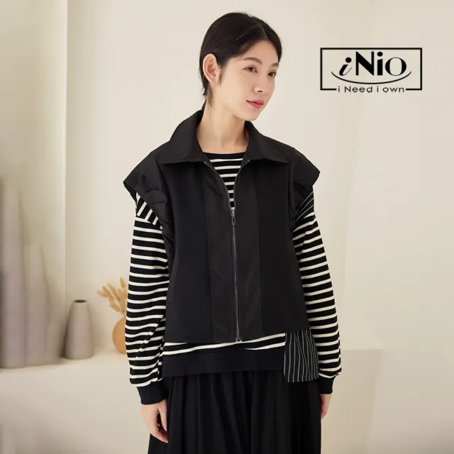 【iNio 衣著美學】背心外套 秋冬新品 現貨 小墊肩 拼接背心 無袖外套(CDW4709)