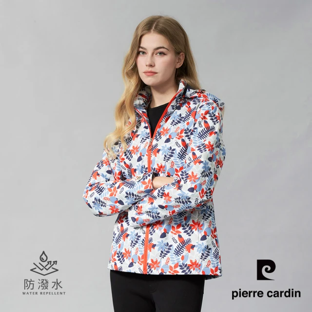 pierre cardin 皮爾卡登 女款 戶外防風防潑水可拆帽印花連帽外套--深藍色(6245793-38)