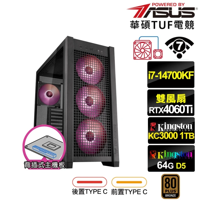 華碩平台 i7廿核GeForce RTX 4060TI{普魯托K3DC}水冷 背插電競電腦(i7-14700KF/Z790/64G/1TB/WIFI)