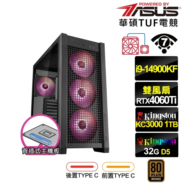 華碩平台 i9廿四核GeForce RTX 4060TI{普魯托K3EC}水冷 背插電競電腦(i9-14900KF/Z790/32G/1TB/WIFI)