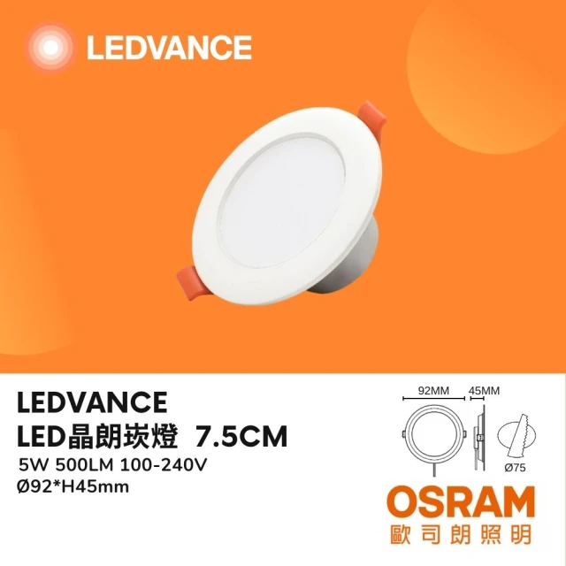 Osram 歐司朗 晶朗LED崁燈 5W 5瓦 7.5公分 7.5CM 薄型 三種色溫 臥房 客廳(白光 自然光 黃光)