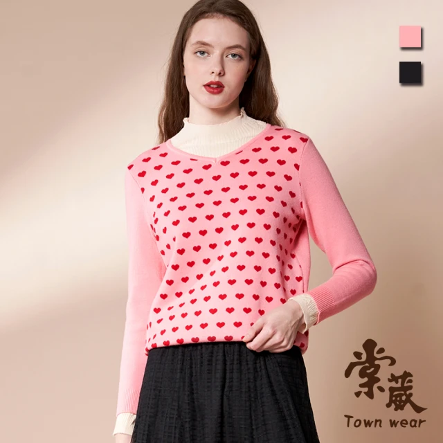 TOWN’WEAR 棠葳 滿版愛心針織上衣 2色(中大尺碼/女上衣/女上著/長袖/印花/彈性/休閒)