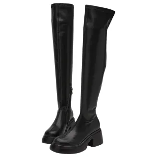 【Grace Gift】長腿歐逆彈力輕量厚底膝上靴(黑)