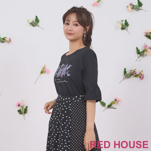 【RED HOUSE 蕾赫斯】玫瑰印花喇叭袖上衣(黑色)