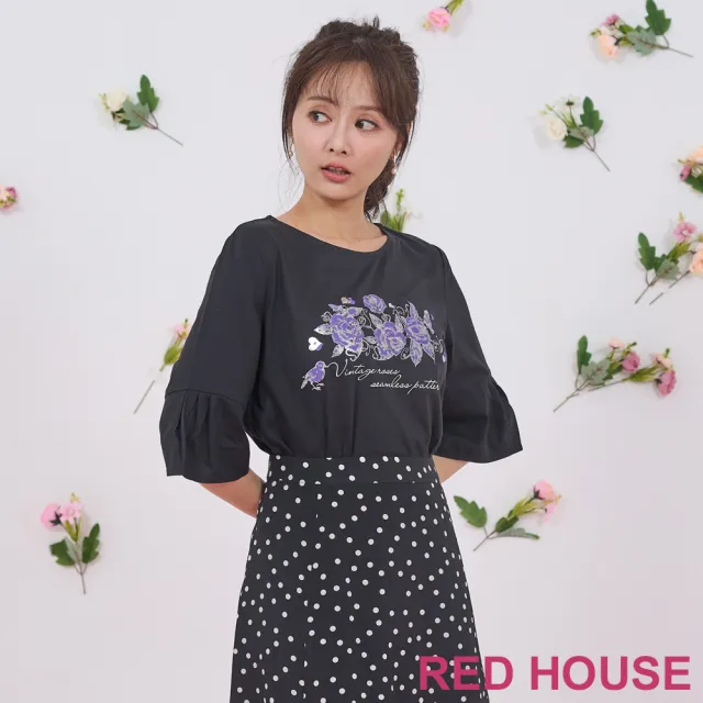【RED HOUSE 蕾赫斯】玫瑰印花喇叭袖上衣(黑色)