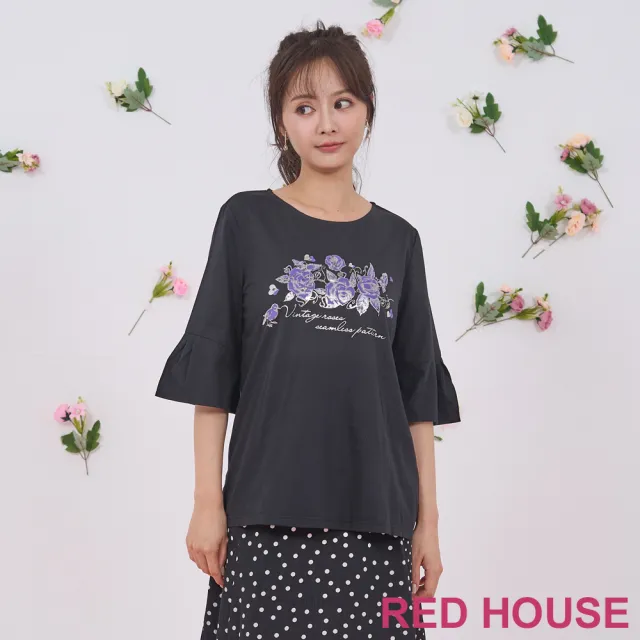 【RED HOUSE 蕾赫斯】玫瑰印花喇叭袖上衣(黑色)