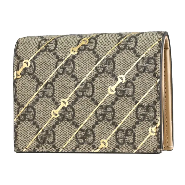 【GUCCI 古馳】GG Supreme 經典雙G LOGO馬銜扣印花扣式零錢短夾(駝)