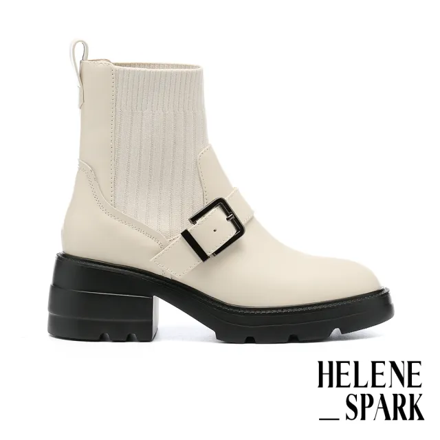 【HELENE_SPARK】簡約率性 Classic S 方釦拼接軟牛皮厚底短靴(米)