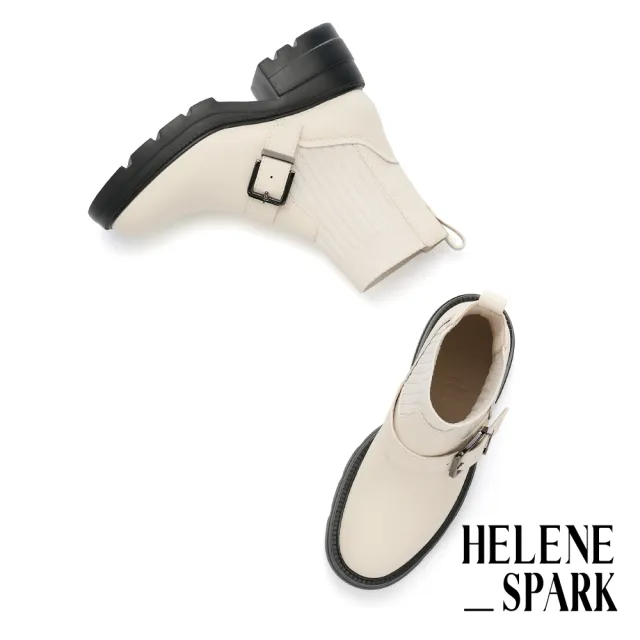 【HELENE_SPARK】簡約率性 Classic S 方釦拼接軟牛皮厚底短靴(米)