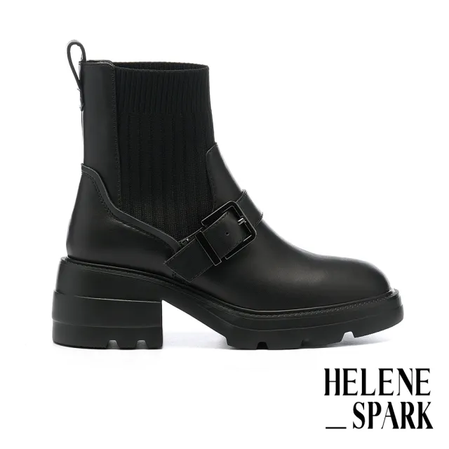 【HELENE_SPARK】簡約率性 Classic S 方釦拼接軟牛皮厚底短靴(黑)