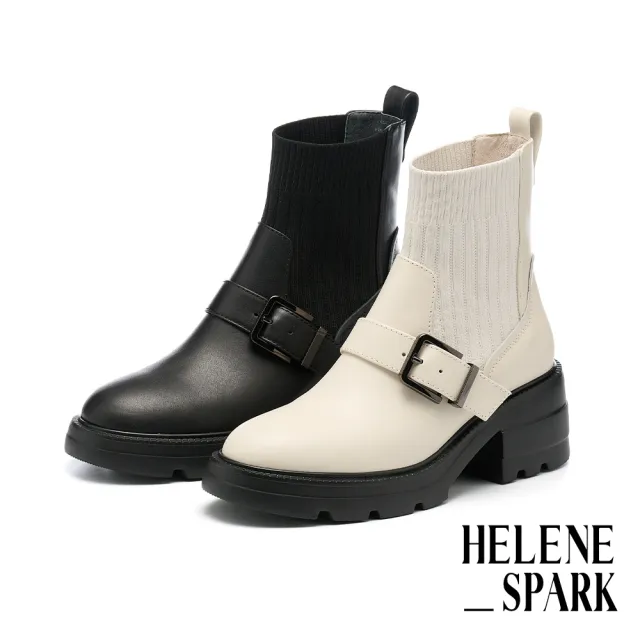 【HELENE_SPARK】簡約率性 Classic S 方釦拼接軟牛皮厚底短靴(黑)