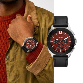 【FOSSIL 官方旗艦館】Privateer 城市型男闇紅三眼指針手錶 黑色真皮錶帶 45MM BQ2897