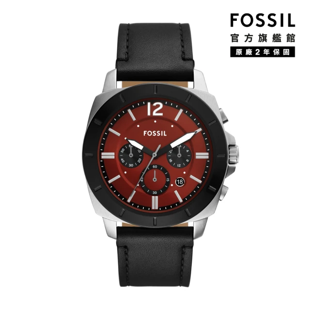 【FOSSIL 官方旗艦館】Privateer 城市型男闇紅三眼指針手錶 黑色真皮錶帶 45MM BQ2897