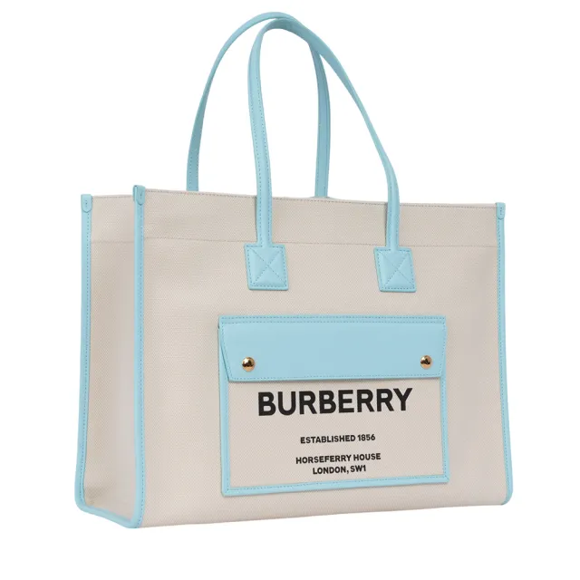 【BURBERRY 巴寶莉】Freya 棉質帆布中款托特包(自然色/天藍色)