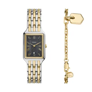 【FOSSIL 官方旗艦館】Raquel 復古女伶羅馬數字手錶手鍊套組 金色x銀色不鏽鋼鍊帶 23MM ES5376SET 雙12限定
