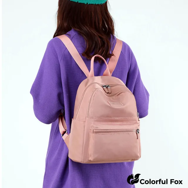 【Colorful Fox】戶外通勤防潑水尼龍後背包 雙肩包(防水包 黑／藍／卡其／粉／紫／果綠／