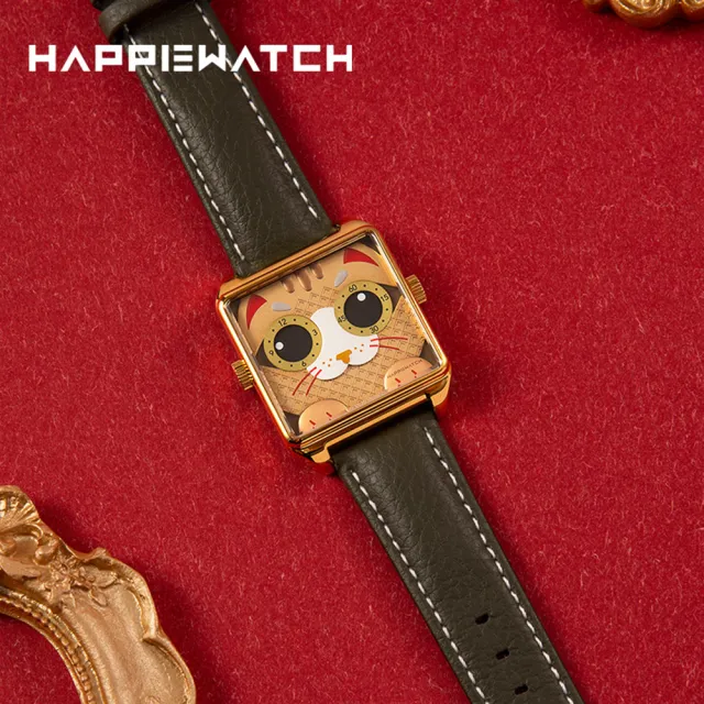 【HappieWatch】設計師品牌 立體金吉貓 方形金框 皮帶/矽膠手錶套組 小怪獸腕錶 36mm(CG36SPJJM)