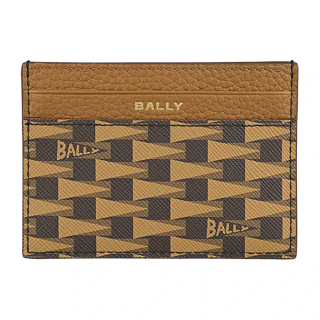 BALLY BALLY Pennant燙金LOGO帆布小牛皮三角旗圖案4卡開口式卡夾(男款/褐x多色)