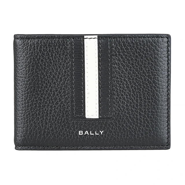 BALLY BALLY Ribbon燙銀LOGO小牛皮黑白黑條紋3卡對折卡夾(男款/黑)