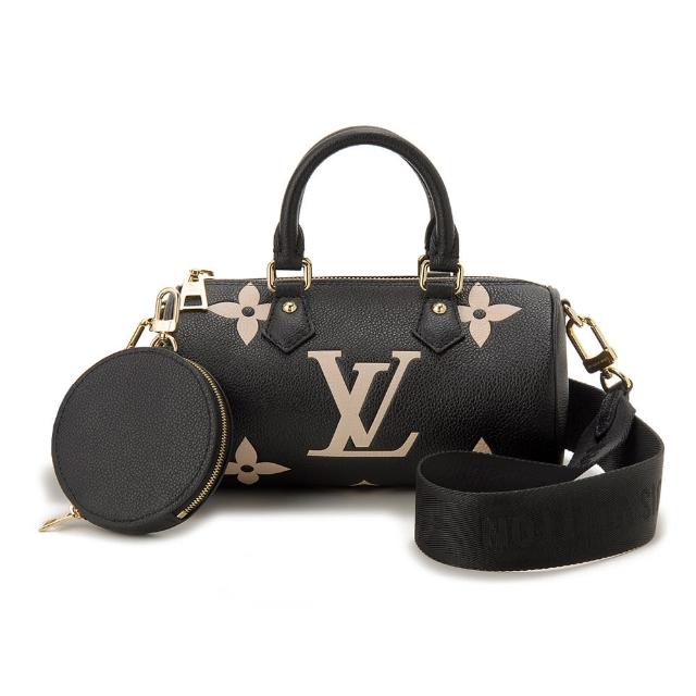 【Louis Vuitton 路易威登】M45980 經典PAPILLON BB 雙色皮革壓花LOGO手提斜背包(全新展示品-黑色)