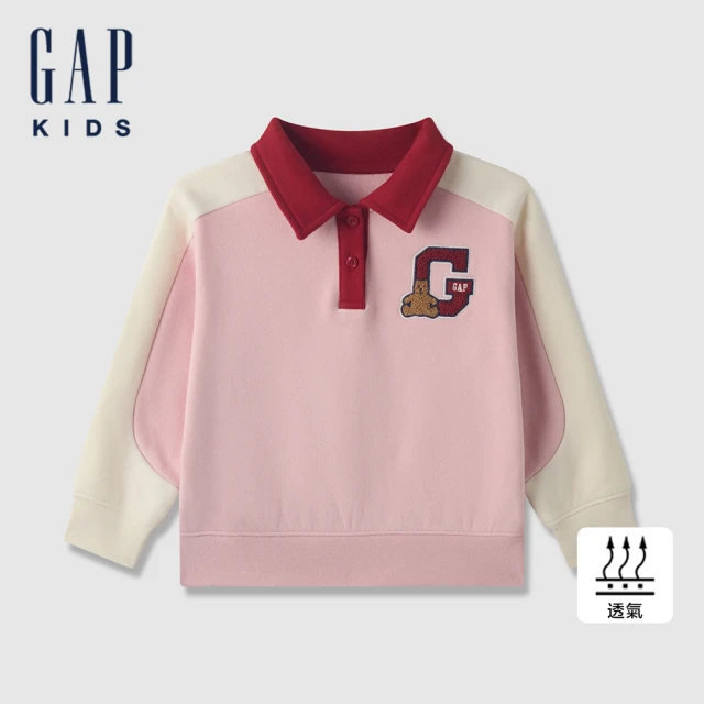 GAP 女幼童裝 Logo小熊刺繡刷毛翻領長袖上衣-粉色(642787)