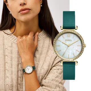 【FOSSIL 官方旗艦館】Tillie 鑲鑽優雅女錶 綠色真皮錶帶指針手錶 36MM BQ3991