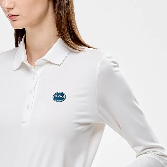 【PING】女款抽針領高爾夫薄長袖POLO衫-白(GOLF/高爾夫球衫/RA24205-73)