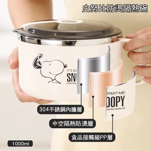 【優廚寶】史努比304不銹鋼防燙隔熱碗 學生 上班族 宿舍餐碗(1000ml 平輸品)