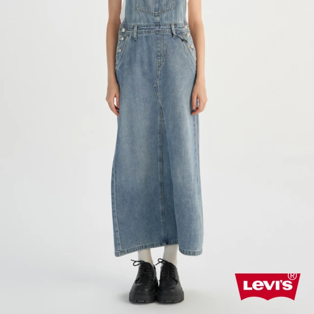 LEVIS 官方旗艦 女款 高腰吊帶牛仔長裙 胸前口袋 人氣新品 001BY-0000