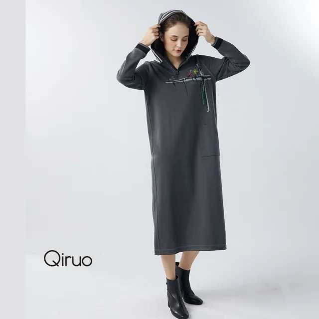 【Qiruo 奇若名品】厚磅棉 連帽長袖長版深灰色連帽洋裝6202F 