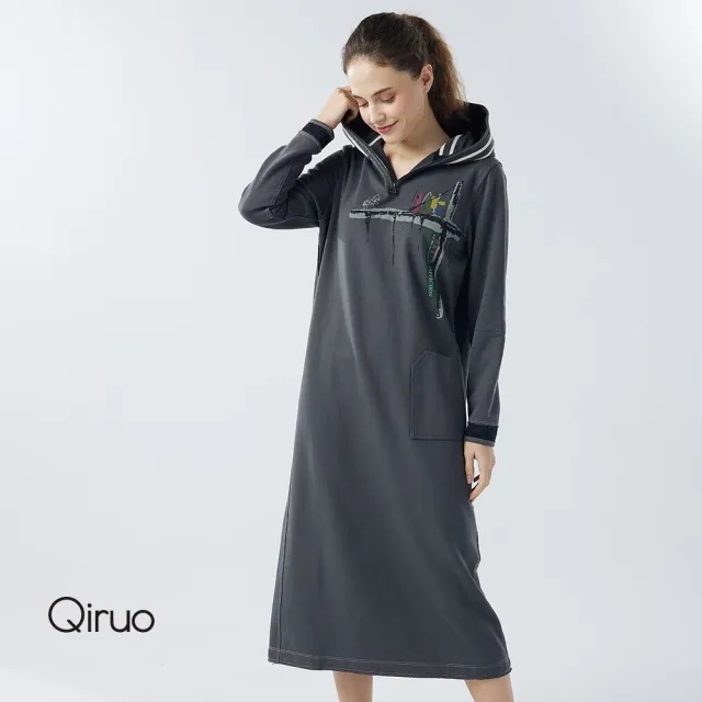 【Qiruo 奇若名品】厚磅棉 連帽長袖長版深灰色連帽洋裝6202F