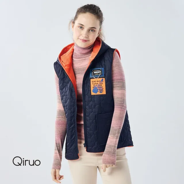 【Qiruo 奇若名品】保暖厚棉  連帽長背心 藍橘色背心6201D 
