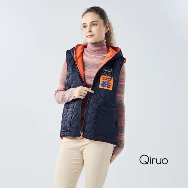 【Qiruo 奇若名品】保暖厚棉  連帽長背心 藍橘色背心6201D 
