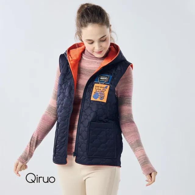 【Qiruo 奇若名品】保暖厚棉 連帽長背心 藍橘色背心6201D