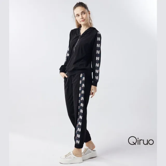 【Qiruo 奇若名品】輕薄短絨 黑長袖休閒套裝6001G休閒上衣+長褲 休閒褲裝 
