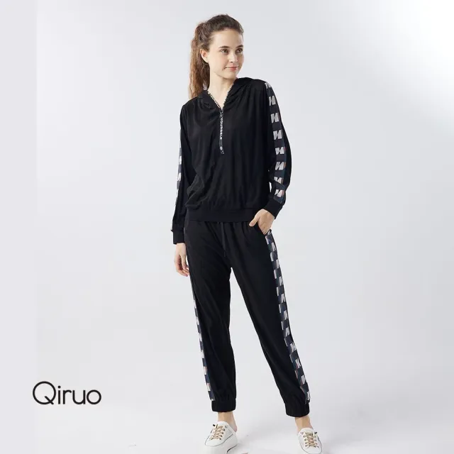 【Qiruo 奇若名品】輕薄短絨 黑長袖休閒套裝6001G休閒上衣+長褲 休閒褲裝