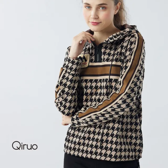 【Qiruo 奇若名品】厚磅棉質千鳥格紋 拉鍊式連帽咖啡上衣4183A 