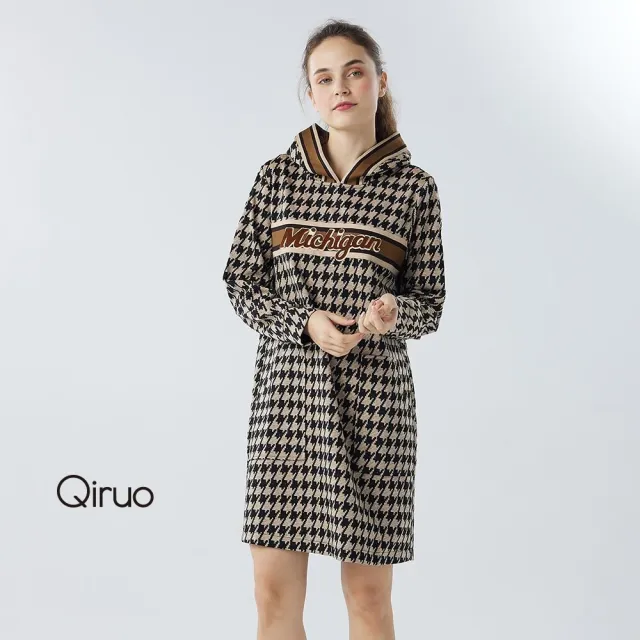 【Qiruo 奇若名品】厚磅棉 千鳥紋 咖啡格紋連帽洋裝4182F 