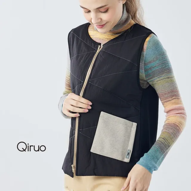 【Qiruo 奇若名品】保暖大園領拉鍊式小口袋米黑色時尚背心2091D