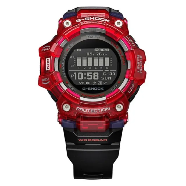 【CASIO 卡西歐】G-SHOCK 炫彩音浪 藍芽 搶眼紅 半透明 碳核心防護構造 雙顯系列 GBD-100SM-4A1_49.3mm