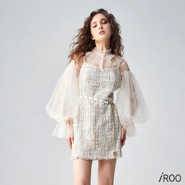 【iROO】鑲亮片花呢紗假兩件洋裝