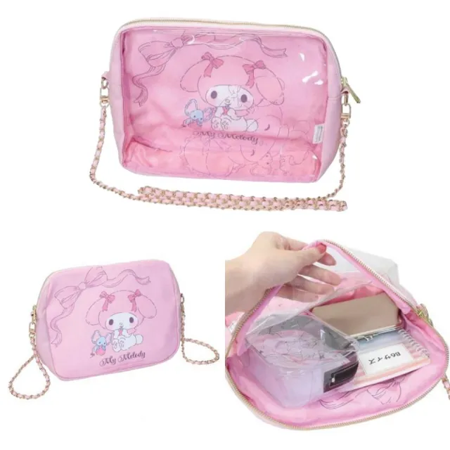 【小禮堂】雙11 Sanrio 三麗鷗 透明窗口鏈條肩背包 - 與小夥伴 彩帶款 美樂蒂 酷洛米 大耳狗(平 