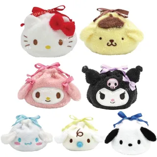 【小禮堂】雙11 Sanrio 三麗鷗 絨毛造型束口袋 - 大臉款 Kitty 美樂蒂 酷洛米 布丁狗(平輸品)