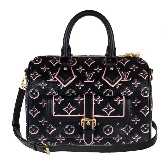 LV 路易威登 M20852 經典 Speedy 25 系列雙色 Monogram 肩背手提兩用包，以黑色為主色，搭配數字與英文字母圖案，採用高質帆布與皮革材質打造，適合女性、男性及中性族群，為歐系精品風格的經典選擇。
