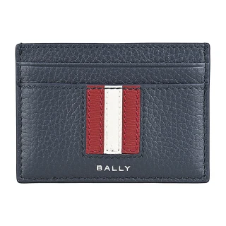 【BALLY】BALLY Ribbon燙銀LOGO小牛皮紅白紅條紋設計4卡開口式卡夾(男款/午夜藍)