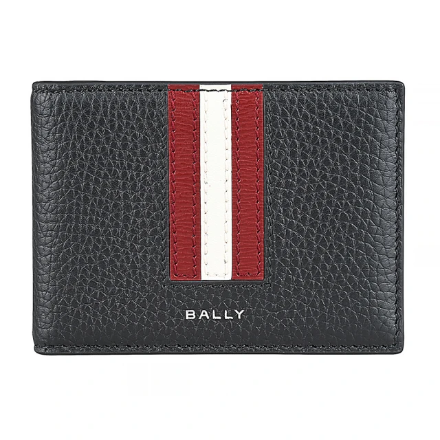 【BALLY】BALLY Ribbon燙銀LOGO小牛皮紅白紅條紋3卡對折卡夾(男款/黑)