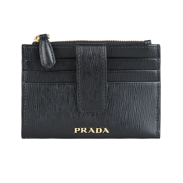 PRADA 普拉達 PRADA Vitello Move字母LOGO水波紋設計牛皮3卡拉鍊按釦式零錢包(黑)