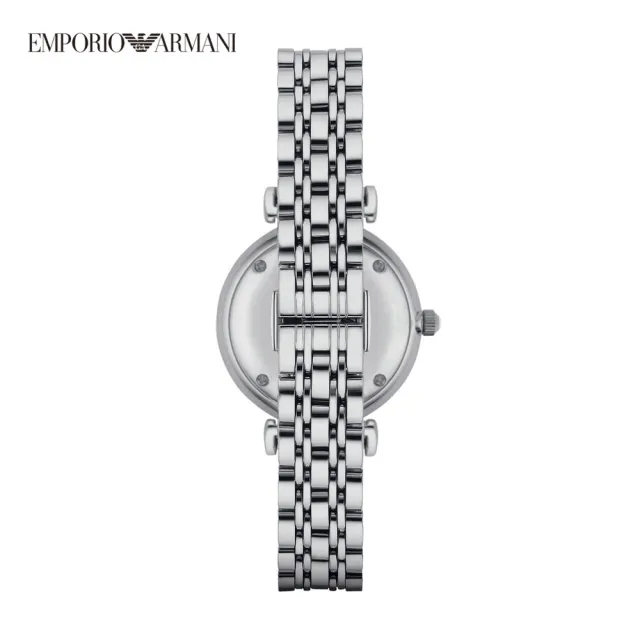 【EMPORIO ARMANI 官方直營】Gianni T-bar 珍珠母貝雅致晶鑽女錶  星空銀交織不鏽鋼鏈帶 手錶 32mm AR1908